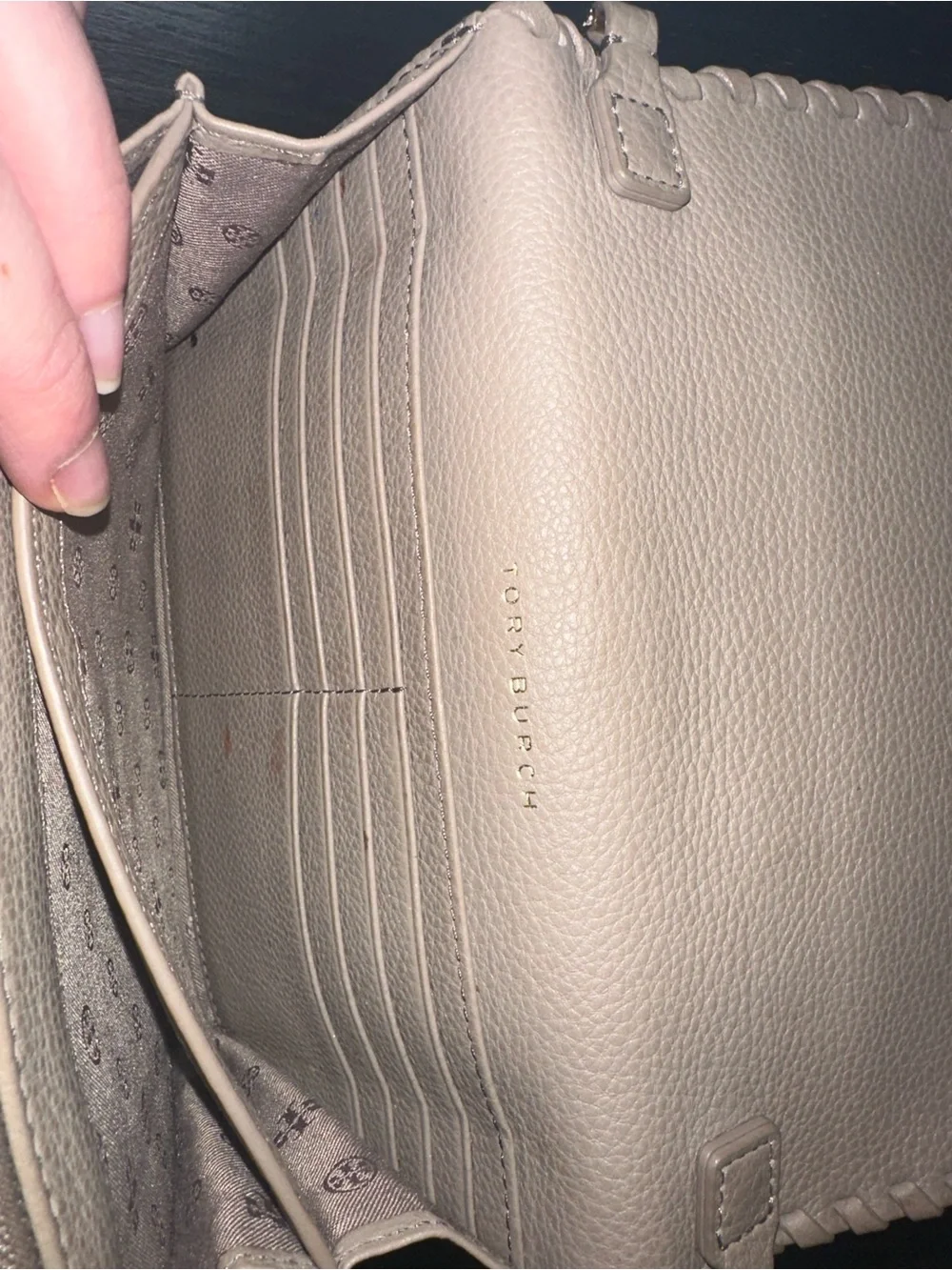 Tory Burch Taupe Leather Crossbody with Whipstitch Detail